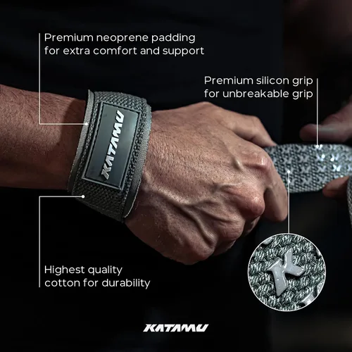 Vista 6 de Katamu Premium Weightlifting Straps — Heavy Duty Cotton Lifting Straps with Neoprene Padding for Deadlifts, Powerlifting and Strength Training, Men