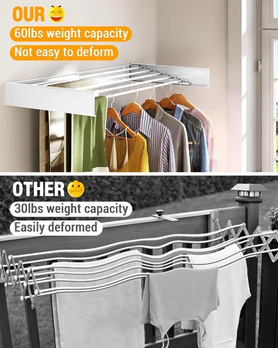 Vista 4 de Tendedero de pared de 31.5 pulgadas, 5 postes de aluminio, capacidad de carga de 60 libras, plegable, retráctil, ahorro de espacio