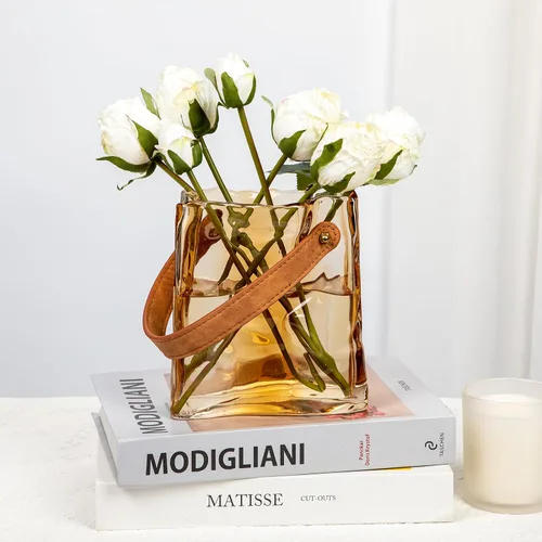 Vista 4 de Florero de bolso de cristal para flores, floreros de ámbar para centros de mesa, florero de bolsa de cristal con asa de cuero, floreros pequeños