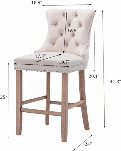 Vista 2 de SoarFlash Juego de 2 taburetes de bar tapizados de terciopelo moderno con patas de madera, botones acolchados, cabeza de clavo cromada, asiento