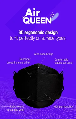 Vista 3 de NU-SET Black AirQueen - Máscara de seguridad facial con filtro de fibra nano para adultos, empaquetada individualmente, fabricada en Corea