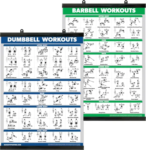 Vista 3 de QUICKFIT - Juego de póster de ejercicios con mancuernas y barra – Juego de 2 tablas laminadas – Rutina de ejercicio con mancuernas y ejercicios
