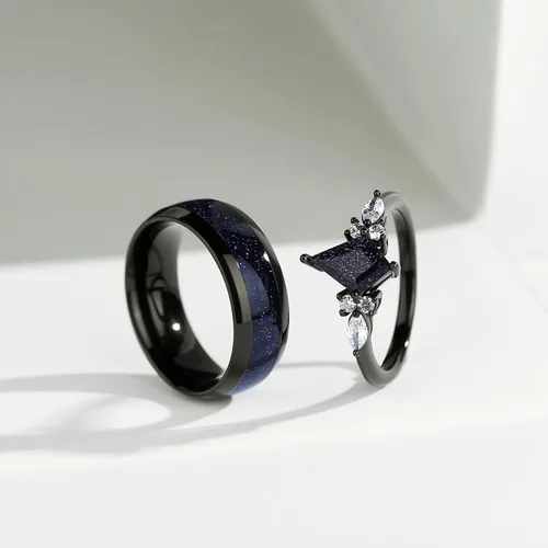 Vista 2 de Anillos de promesa personalizados para parejas, anillos negros a juego para parejas, anillo grabado de piedra arenisca azul en forma de cometa