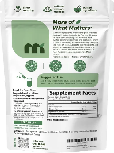 Vista 7 de Micro Ingredients Polvo de Fibra de Inulina Orgánica FOS, 1.1 lb Prebiótico Natural de Disolución Rápida en Agua Fibra Natural Sin Sabor