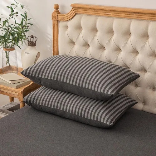 Vista 2 de PURE ERA Fundas de almohada de punto jersey 100% algodón tipo camiseta, súper suaves, cómodas, transpirables, juego de 2, estándar 20" x 26", rayas