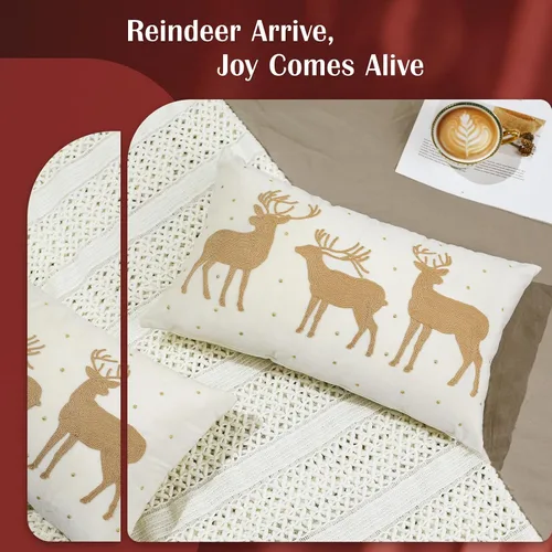 Vista 2 de Lewondr Funda de almohada decorativa de terciopelo suave de Navidad, paquete de 2, con bordado de ciervos, lujosa funda de cojín para sofá