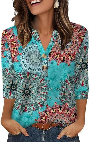 Vista 7 de OFEEFAN - Camisetas de manga 3/4 estilo Henley para mujer, blusas de moda de otoño 2025, atuendos escolares para maestras Raya