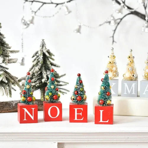 Vista 2 de Ochine 4 mini árboles de Navidad artificiales, árbol de mesa de Navidad, mini árboles de sisal de pino con base de madera de nieve, adornos