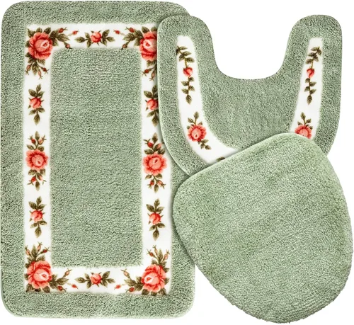 Vista 9 de Drydiet Juego de 3 alfombras de baño con rosas y flores, decoración de habitación, alfombra de baño floral en forma de U, antideslizante, Azul