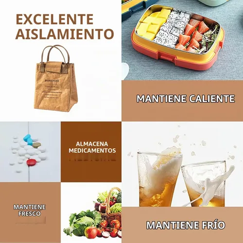 Vista 5 de Lonchera reutilizable para mujeres y hombres, fácil de limpiar, aislada, resistente al agua, forro térmico y telas duraderas, diseño simple, marrón