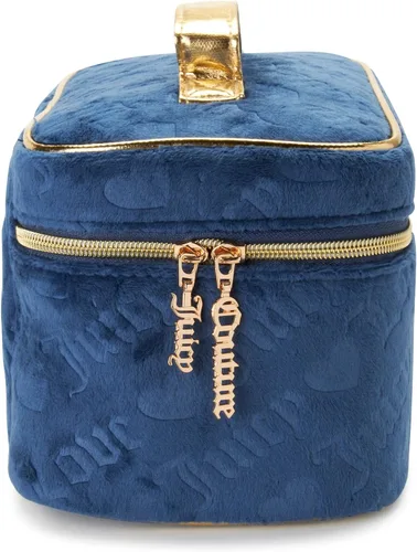 Vista 4 de Juicy Couture Bolsa de Maquillaje Organizador de Cosméticos Esenciales de Viaje Estuche de Tren de Terciopelo Logotipo de Corazón, Azul, Tamaño único