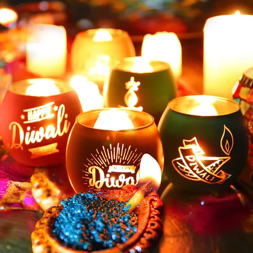 Vista 2 de SHMILMH Diwali Gifts - 6 piezas de decoraciones Happy Diwali para el hogar, candelita de cristal colorido para fiestas, centro de mesa Deco