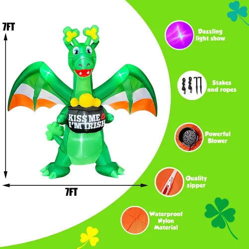 Vista 6 de SEASONBLOW Dragón inflable del día de San Patricio de 7 pies que sostiene una maceta de decoración dorada con cuerno de trébol irlandés LED inflable