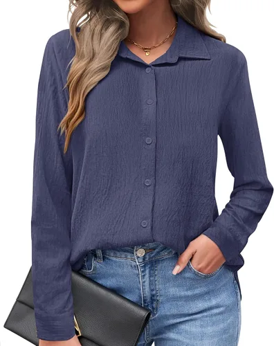 Vista 12 de AUSELILY - Camisas con botones para mujer, manga larga, cuello con botones, blusas casuales para el trabajo y negocios, túnicas