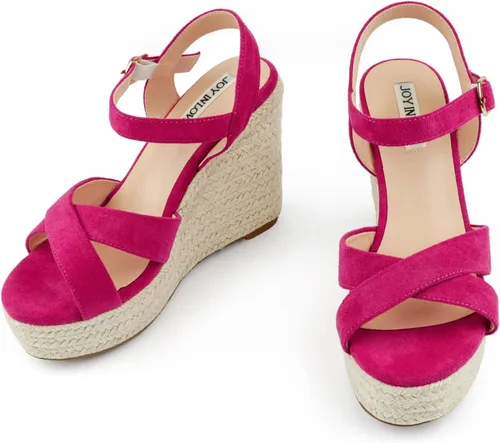 Vista 2 de JOY IN LOVE Alpargatas para mujer, sandalias de plataforma con tacón y correa al tobillo y hebilla