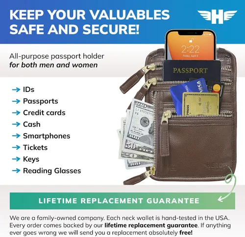 Vista 2 de HERO - Cartera para el cuello - Soporte para pasaporte con bloqueo RFID - Bolsa de viaje fácil de ocultar, Marrón, Cartera de viaje con cuello
