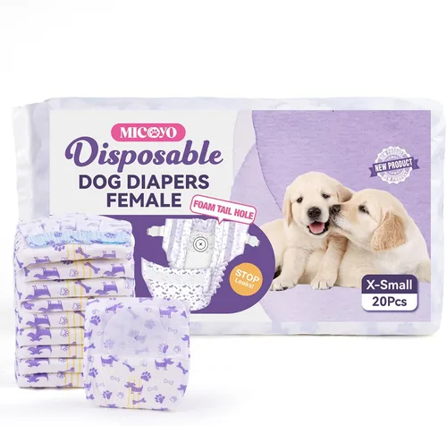 Vista 8 de MICOOYO Pañales Desechables para Perras, Pañales para Perras, Pañal para Mascotas Súper Absorbente con Agujero de Cola de Espuma para el Celo, Pañal