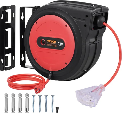Vista 14 de VEVOR Carrete de cable de extensión retráctil, 30 pies, carrete de cable de alimentación retráctil resistente 16AWG/3C SJTOW con toma triple