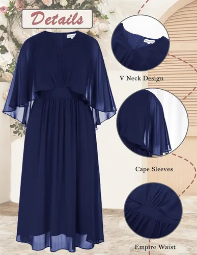 Vista 4 de Hanna Nikole Vestido de fiesta de noche de gasa con cuello en V para mujer, talla grande, manga capa, maxi vestidos para invitados de boda