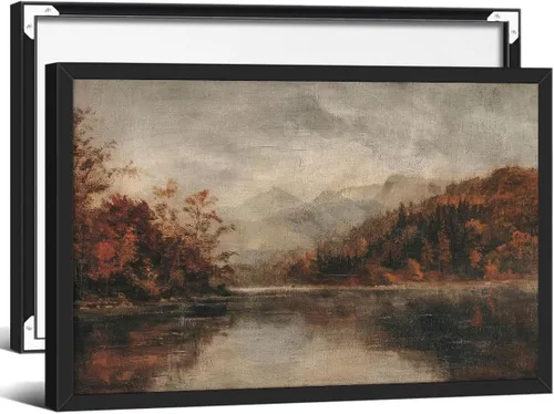 Vista 26 de Póster de paisaje campestre y lago, arte de pared de paisaje de naturaleza otoñal, 08 x 10 pulgadas, marco negro, pintura al óleo vintage de otoño