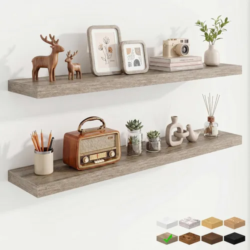 Vista 34 de Marsmiles 12in Depth Floating Shelves, 12x12x1.4, Rustic Brown, Set of 3 Marrón rústico