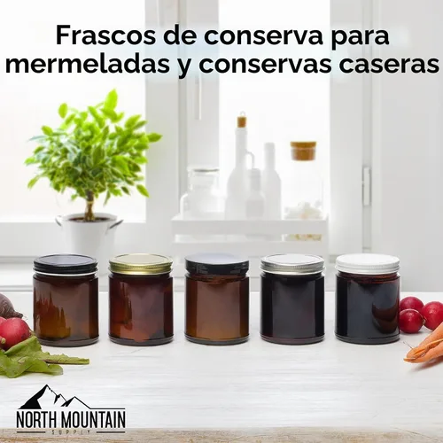 Vista 4 de North Mountain Supply - Tarros de vidrio ámbar de 9 onzas, con tapas de metal dorado de 70 mm, lados rectos - Caja de 12