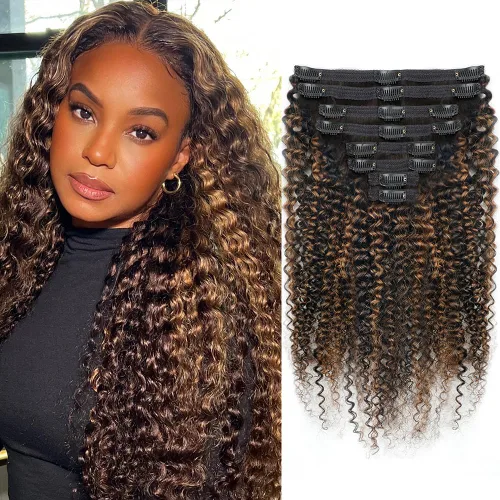 Vista 21 de Extensiones de cabello humano real rizado con clip, balayage, color marrón chocolate a rubio caramelo, 8 piezas con 18 clips, 4.23 oz/juego
