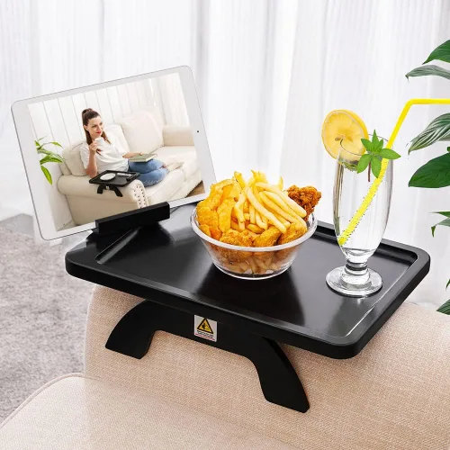 Vista 10 de SINWANT Mesa de Brazo para Sofá, Mesas de Reposabrazos de Sofá de Madera de Acacia, Mesa de Reposabrazos de Sofá con Soporte para Teléfono de 360°