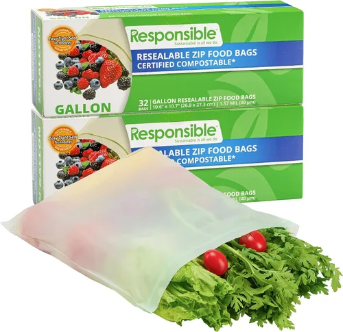 Vista 14 de Responsible Products Bolsa con cremallera resellable de gran galón compostable certificada, bolsas de alimentos extra resistentes, hechas