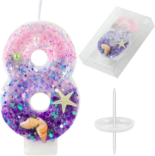 Vista 17 de Velas de cumpleaños, velas rosas y moradas del número 0 decoradas con caracolas, estrellas de mar y perlas para fiesta temática de sirena Morado