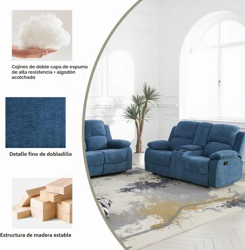 Vista 5 de Juego de sofá reclinable manual, juego de sofá reclinable de tela para sala de estar Azul/claro