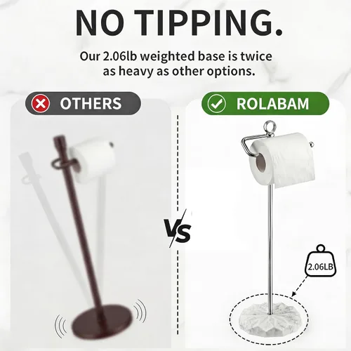 Vista 4 de ROLABAM Moderno soporte de papel higiénico independiente con base ponderada con patrón de mármol blanco, soporte de papel de metal a prueba de óxido