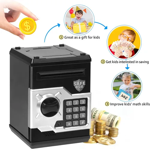Vista 5 de Alcancía de diseño de cajero automático para niños y niñas, Vcertcpl - Mini alcancía con contraseña para monedas y dinero, con ranura automática