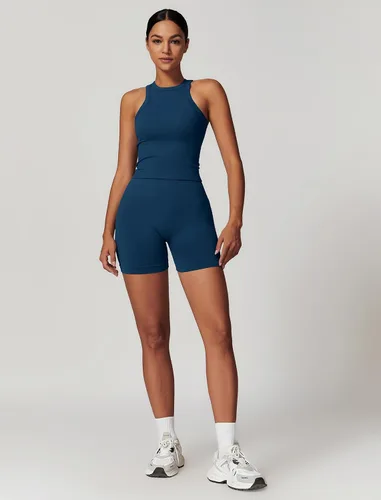 Vista 33 de Conjuntos de entrenamiento para mujer, 2 piezas, sin costuras, acanalada, sin mangas, brasier deportivo, cintura alta, pantalones cortos