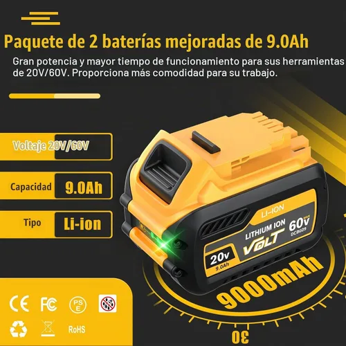 Vista 3 de Bonacell Paquete de 2 baterías de repuesto de 9.0Ah para Dewalt 20/60V Max Flexvolt compatible con Dewalt 20/60 voltios batería DCB112 DCB609 DCB606