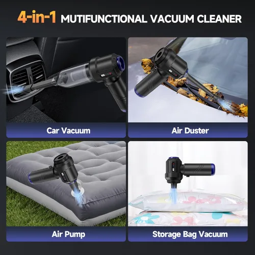 Vista 3 de Aspiradora de Coche Portátil Inalámbrica de Alta Potencia Pequeña Aspiradora de Mano 4-en-1 Soplador de Aire Comprimido y Soplador de Aire y Bomba