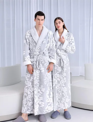 Vista 2 de LOCIIXAT Bata de baño de forro polar para mujer, larga y cálida, de lujo, mullida, con patrón jacquard