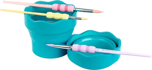 Vista 2 de Faber-Castell Clic & Go - Taza de agua de pintura portátil con soporte para cepillo, turquesa, limpiador de pinceles de pintura plegable, taza