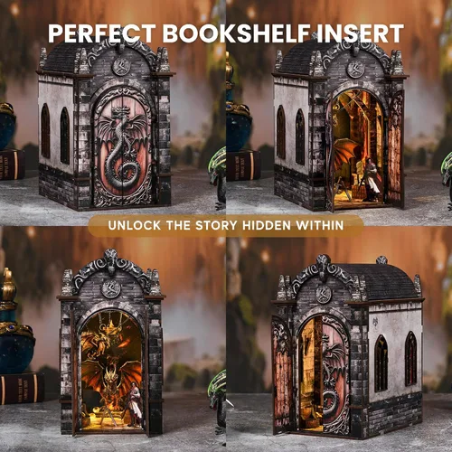 Vista 3 de Kit de rincón de libros de bricolaje con luces LED, rompecabezas de madera 3D para adultos (laberinto del tesoro del dragón)