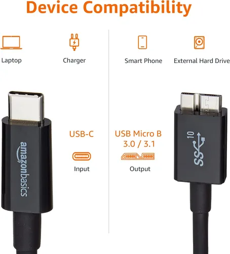 Vista 3 de Amazon Basics, Cable de carga rápida USB-C a Micro USB 3.1 Gen 2, 10Gbps de alta velocidad, 3 pies, color negro