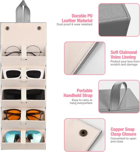 Vista 3 de MoKo - Organizador de gafas de sol con 5 ranuras, estuche de viaje para gafas de sol portátil, estuche de almacenamiento para mujeres y hombres