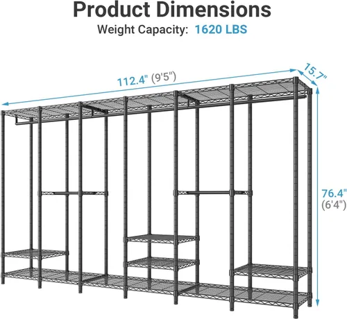 Vista 4 de VIPEK V60 - Estante de armario portátil extra grande resistente para colgar ropa, armario independiente, armario de metal para almacenamiento y Negro