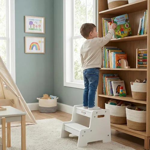 Vista 11 de Taburete de madera barnizado para niños – Taburete infantil de 2 pasos con asas, madera contrachapada de abedul, base antipunta y esquinas