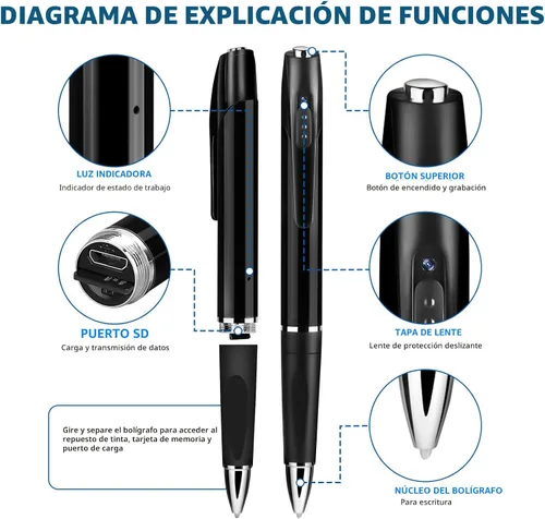 Vista 5 de Mini cámara oculta de 1080P, bolígrafo de cámara HD, mini cámaras de seguridad, batería de larga duración, fácil de usar, cámara micro pluma