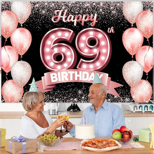 Vista 212 de Cartel de feliz cumpleaños décimo oro rosa, telón de fondo, saludos a 10 años, globos de confeti, decoración temática para niñas de 10 años