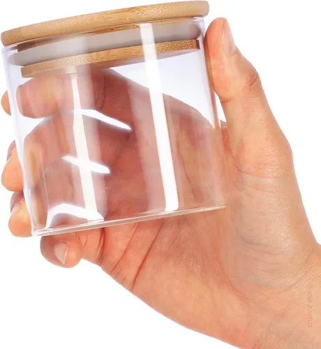 Vista 5 de JUVITUS Paquete de 6 tarros de vidrio transparente de 10 onzas con tapa de bambú