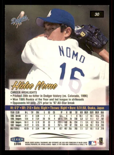 Vista 2 de Baseball MLB 1998 Fleer Ultra #30 Hideo Nomo EX/NM Dodgers