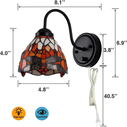Vista 5 de Tiffany - Lámpara de pared para mesita de noche con interruptor regulable, aplique de pared de cuello de cisne vintage industrial con cable