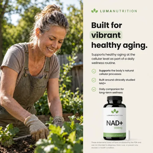 Vista 6 de Luma Nutrition Suplemento NAD+ de 500 mg por porción (250 mg por cápsula) – Envejecimiento más energía, metabolismo y apoyo celular – Suplementos
