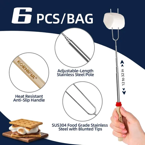 Vista 6 de Paquete de 6 palitos Smores para hoguera, kit de pinchos largos para asar malvaviscos de 32 pulgadas para fogata, tenedor para perros calientes